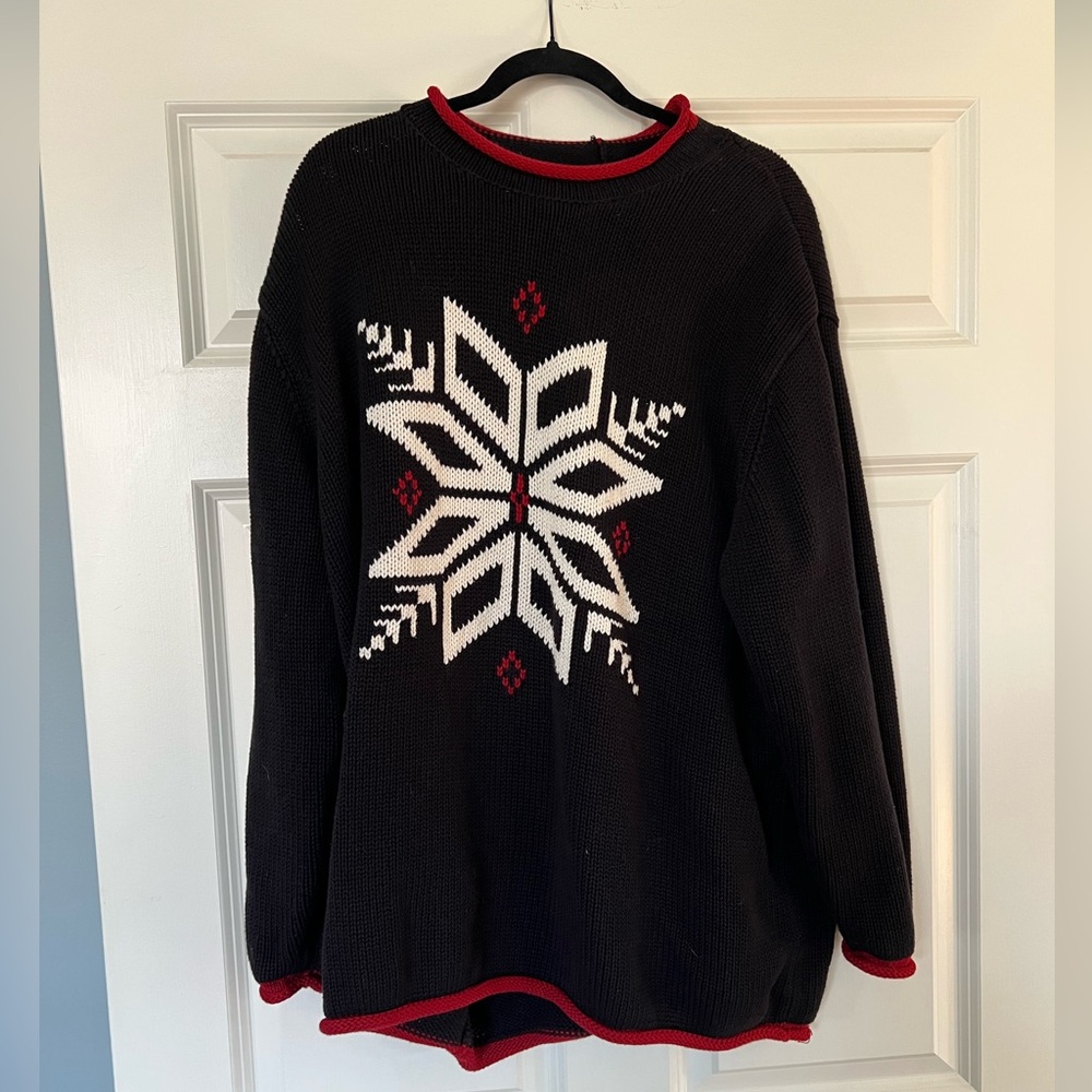 3X Jones NY Black cotton Sweater w/red snowflake rolled hem detail